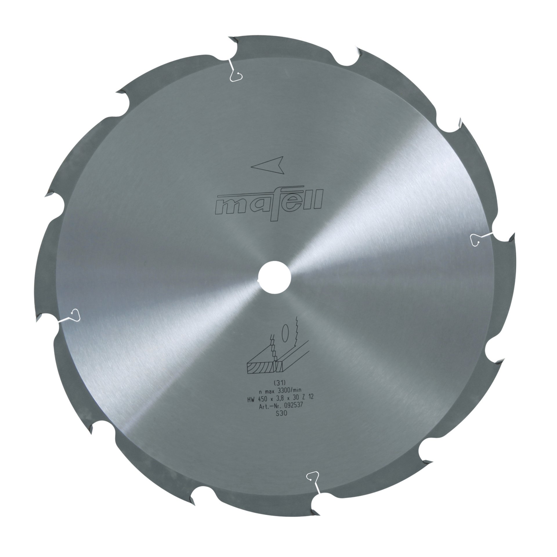 Mafell Sägeblatt-HM, 450 x 2,5/3,8 x 30 mm, Z 12, WZ, für Längsschnitte in Holz