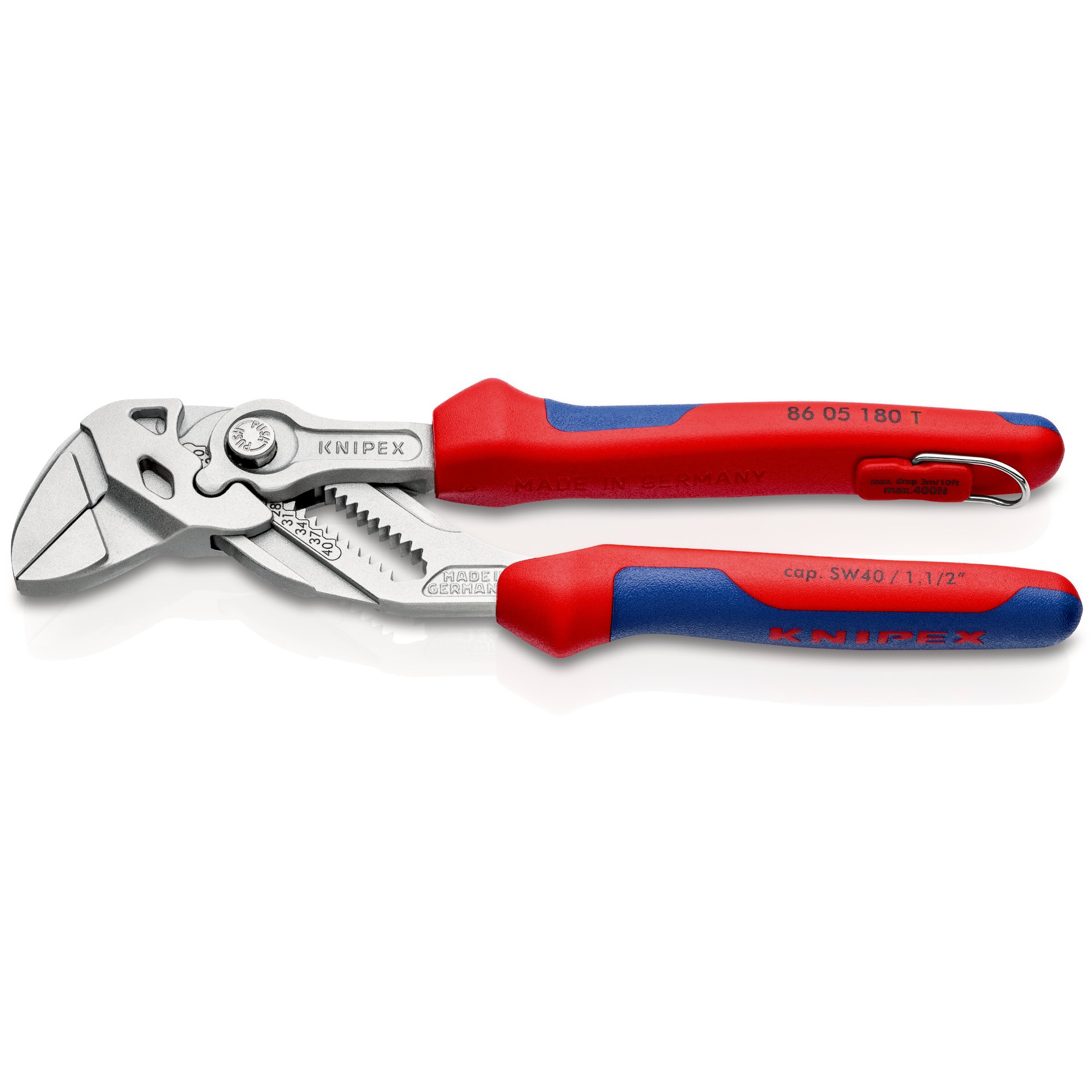 KNIPEX 86 05 180 T Zangenschlüssel Zange und Schraubenschlüssel in einem Werkzeug mit 2K-Hüllen, mit integrierter Befestigungsöse  180 mm