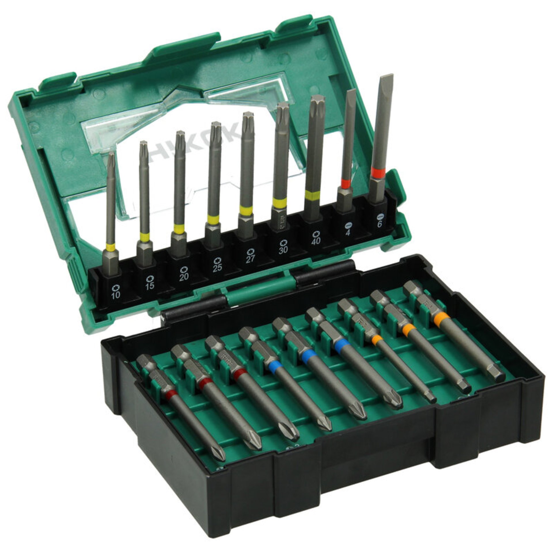 Hikoki Bit-Box 1/4", 18-teilig, 75mm, inkl. magnetischem Bithalter, Größe II Gerät