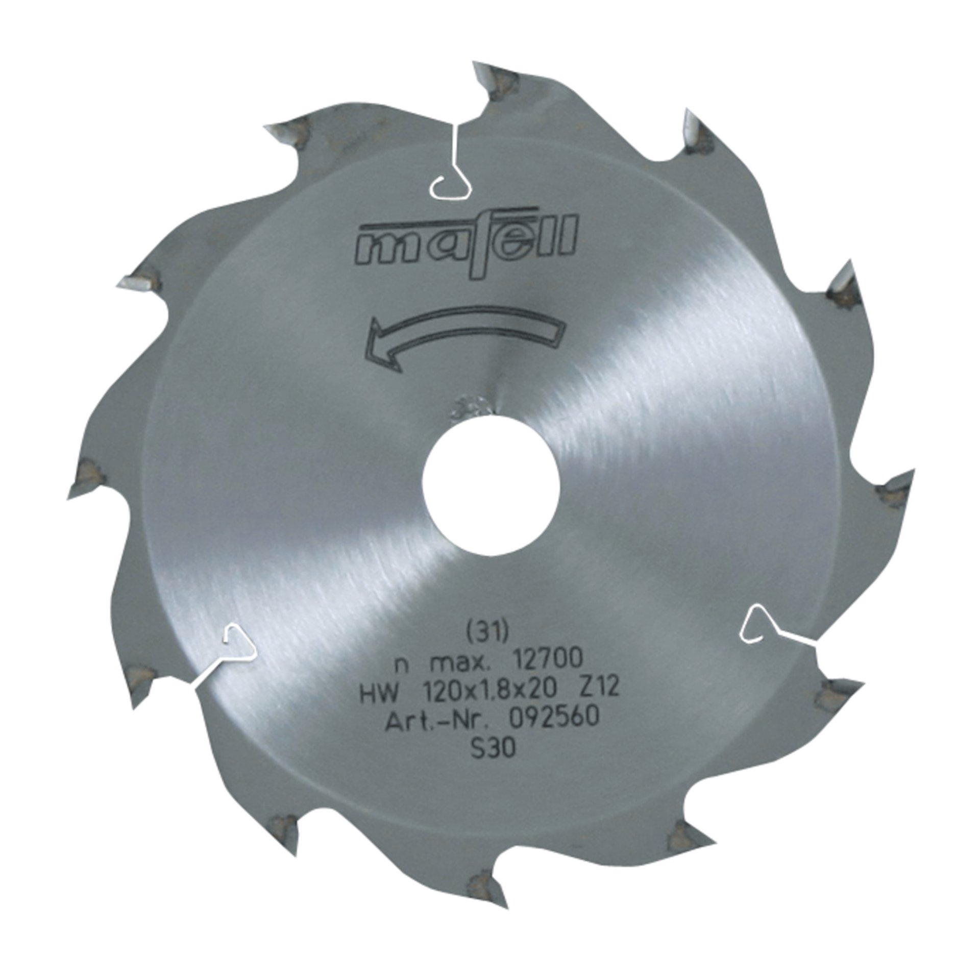 Mafell Sägeblatt-HM, 120 x 1,2/1,8 x 20 mm, Z 12, WZ, für Längsschnitte in Holz