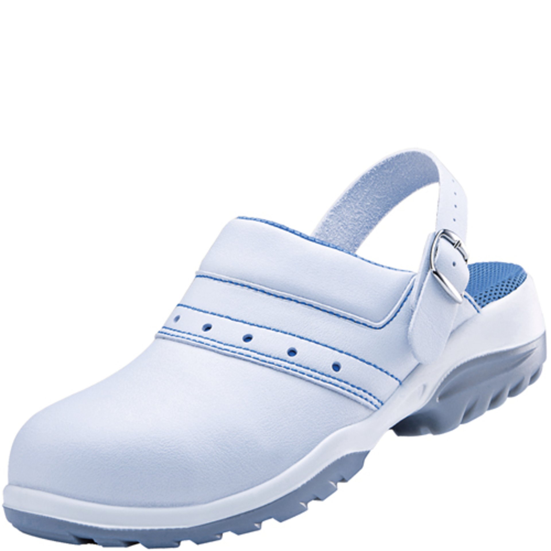 Sandal, Clogs, Hellblau, Offener Rücken, Aluminium-Schnalle