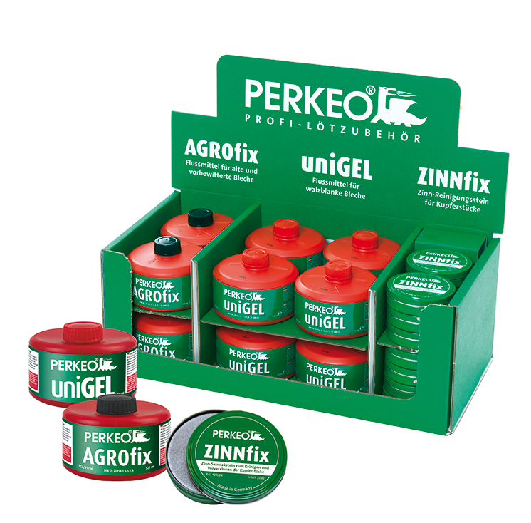 Perkeo KOMBIPACK DISPLAY mit 8xUNIGEL, 4xAGROFIX und 14xZINNFIX