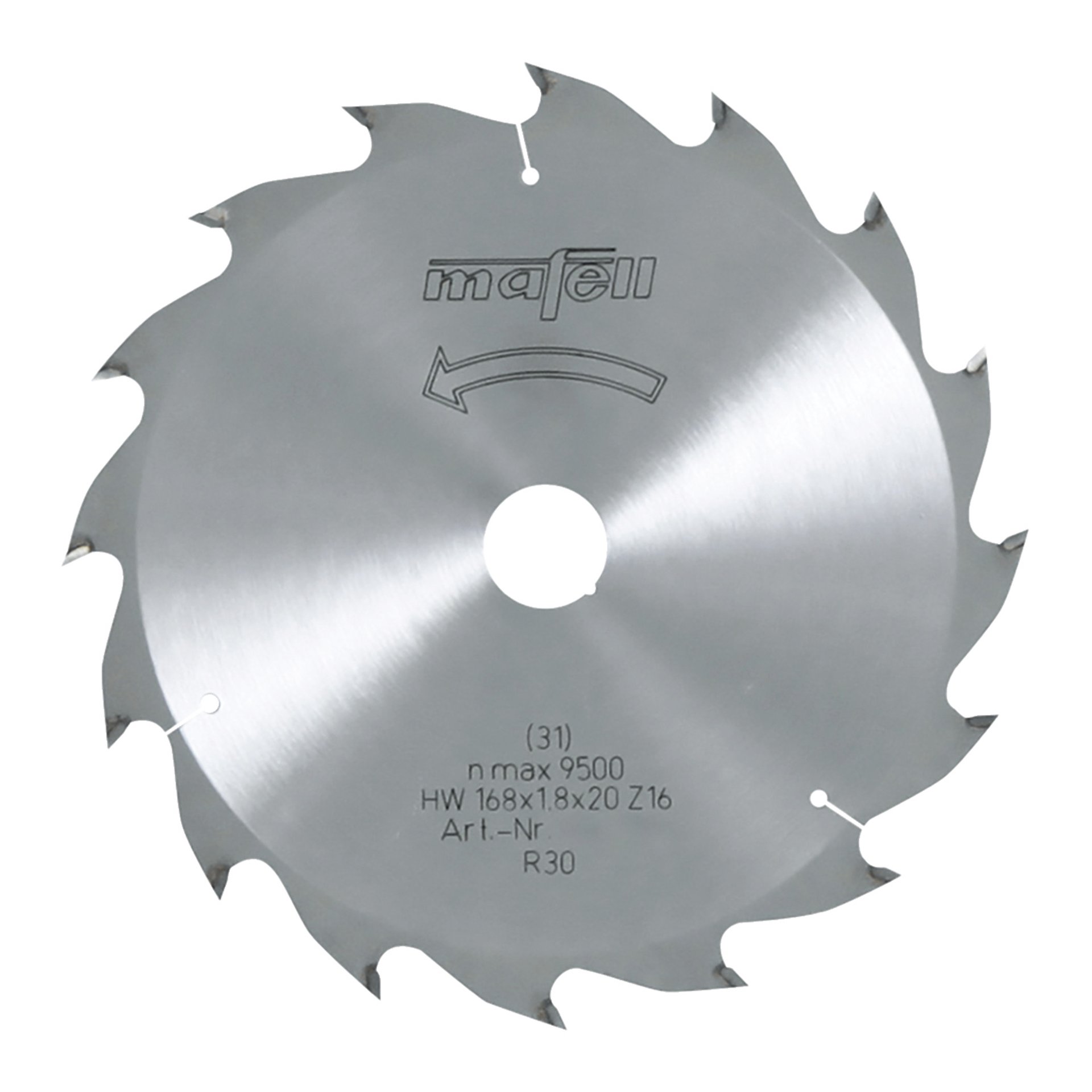 Mafell Sägeblatt-HM, 168 x 1,2/1,8 x 20 mm, Z 16, WZ, für Längsschnitte in Holz