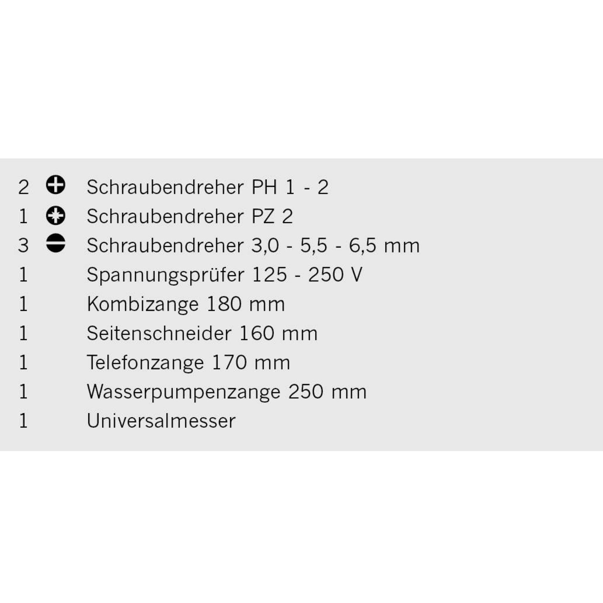 Schraubendreher, Kombizange, Spannungsprüfer, Seitenschneider, Wasserpumpenzange