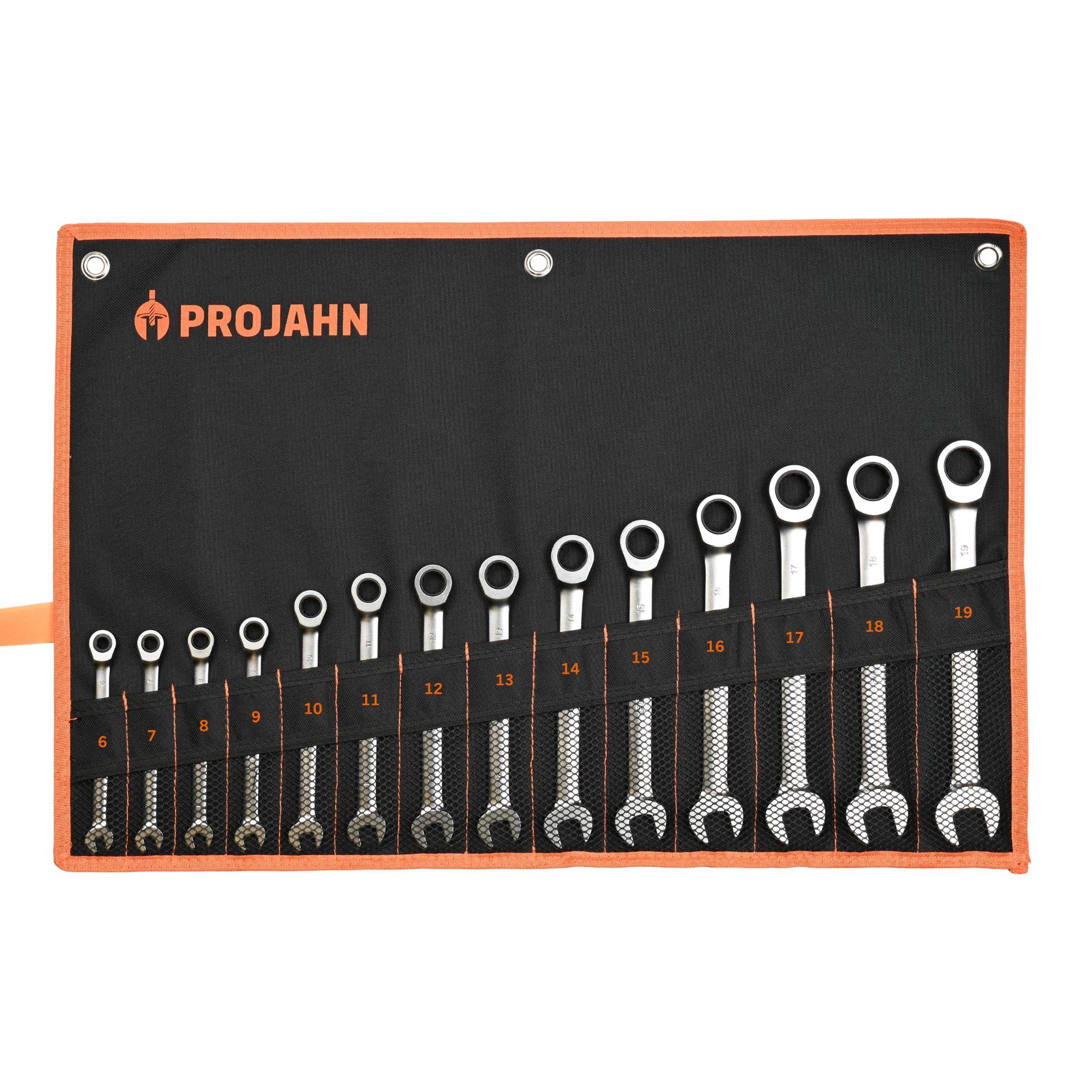 Werkzeugset, Schraubenschlüssel-Set, Socket-Schlüssel, Roll-up Organizer, orange Kante